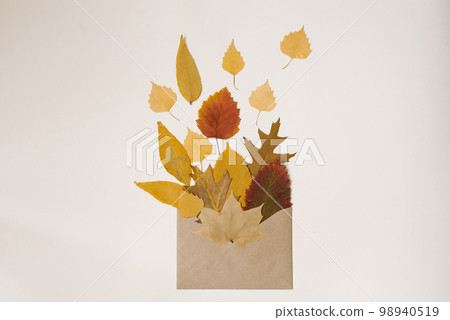 Autumn flat lay. Craft envelope with autumn fallen leaves on a light background Autumn flat lay. Craft envelope with autumn fallen leaves on a light background 98940519