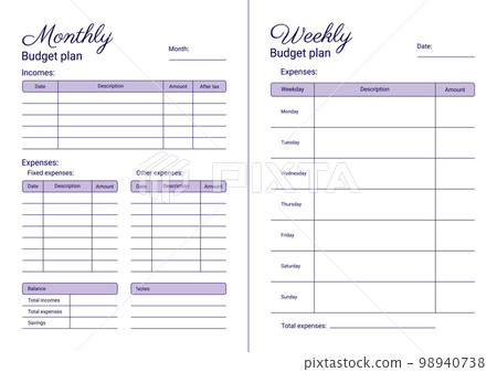 Personal budget plan concept. Monthly and weekly printable template, A4 format. Vector illustration on a white background. Personal budget plan concept. Monthly and weekly printable template, A4 format. Vector illustration on a white background. 98940738
