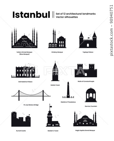 Istanbul Turkey concept. Set of 12 architectural landmarks. Silhouettes for wayfinding signs. Vector illustration on a white background. 98940751