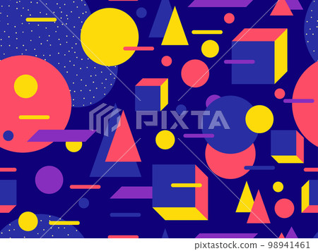 Memphis seamless pattern with 3d shapes in 80s style. Isometric geometric shapes in retro color palette. Background design for promotional products, wrapping paper and printing. Vector illustration 98941461