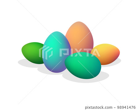 Painted Easter eggs isolated on white background. Composition of colorful eggs with pastel gradient. Christ is risen, Happy Easter. Design for greeting card, banners and posters. Vector illustration 98941476