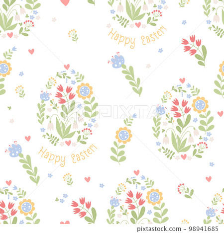 Floral easter seamless pattern. Decorative flowers and flowering Easter egg on white background. Vector illustration. Botanical pattern for decor, design, packaging, wallpaper, textile. 98941685