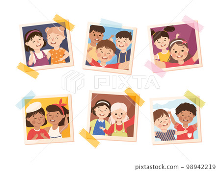 Photo Card or Snapshot with Happy Smiling Children Sticking on the Wall Vector Set 98942219