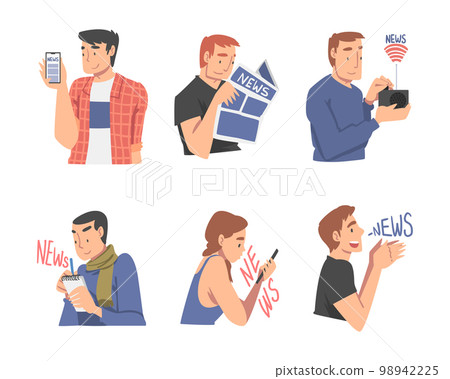 People Character Gathering News from Smartphone, Radio and Newspaper Vector Set 98942225