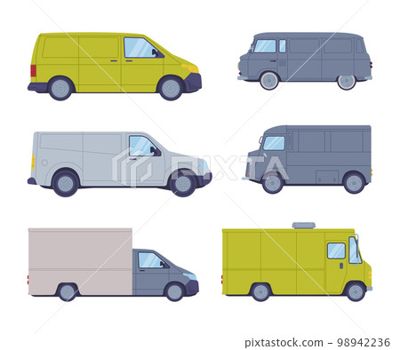 Van or Truck as Equipped Motorized Vehicle for Transporting Goods Vector Set Van or Truck as Equipped Motorized Vehicle for Transporting Goods Vector Set 98942236