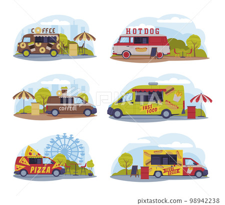 Bright Food Truck in Green Park Area Cooking and Selling Street Food Vector Set 98942238