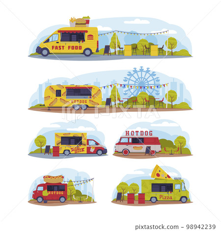 Bright Food Truck in Green Park Area Cooking and Selling Street Food Vector Set Bright Food Truck in Green Park Area Cooking and Selling Street Food Vector Set 98942239