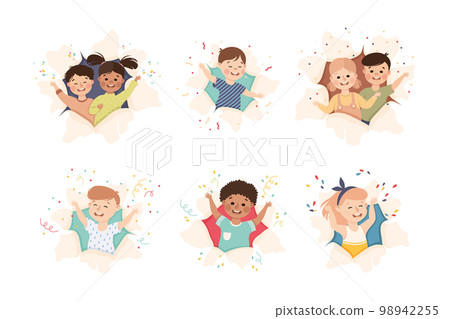 Children Looking Through Torn Paper Hole with Confetti Explosion Vector Set Children Looking Through Torn Paper Hole with Confetti Explosion Vector Set 98942255