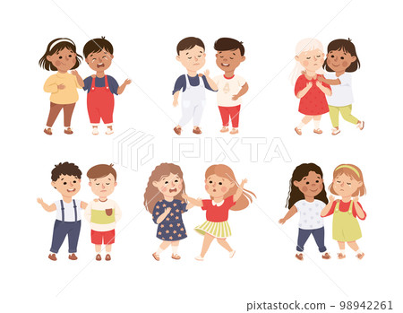 Little Kids Supporting and Comforting Crying Friend Vector Set Little Kids Supporting and Comforting Crying Friend Vector Set 98942261