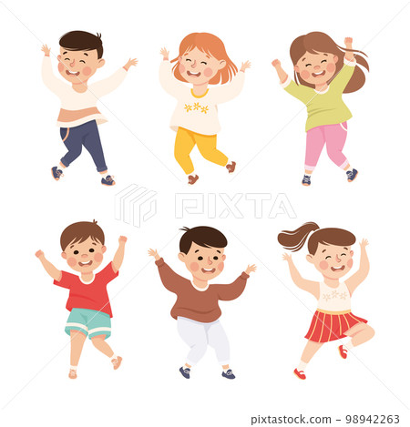 Happy Boy and Girl Jumping with Joy and Hands... - Stock Illustration ...