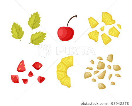Ice Cream Parts with Mint Leaf, Cherry, Pineapple, Nuts and Strawberry Vector Set Ice Cream Parts with Mint Leaf, Cherry, Pineapple, Nuts and Strawberry Vector Set 98942278