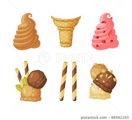 Ice Cream Parts with Chocolate Ball, Nuts, Stick, Swirl and Waffle Cone Vector Set Ice Cream Parts with Chocolate Ball, Nuts, Stick, Swirl and Waffle Cone Vector Set 98942283