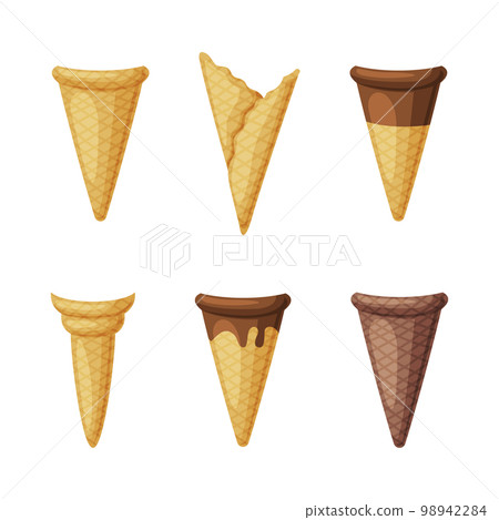Ice Cream Cone or Cornet as Brittle Cone-shaped Waffle Pastry Vector Set Ice Cream Cone or Cornet as Brittle Cone-shaped Waffle Pastry Vector Set 98942284