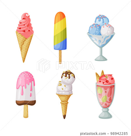 Ice Cream in Waffle Cone and on Stick as Frozen Dessert and Sweet Snack Vector Set Ice Cream in Waffle Cone and on Stick as Frozen Dessert and Sweet Snack Vector Set 98942285