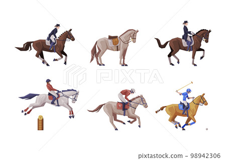 Jockey on Racing Horse Riding on Horseback in Saddle as Equestrian Sport Vector Set Jockey on Racing Horse Riding on Horseback in Saddle as Equestrian Sport Vector Set 98942306