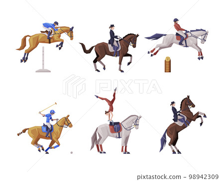 Jockey on Racing Horse Riding on Horseback in Saddle as Equestrian Sport Vector Set 98942309