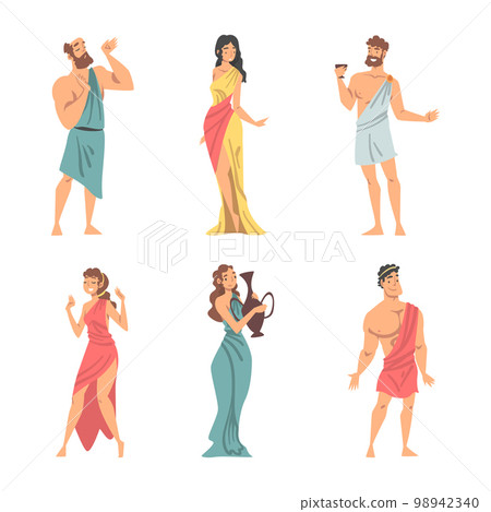 Greeks or Hellenes People Character in Ethnic Chiton Clothing Vector Illustration Set 98942340