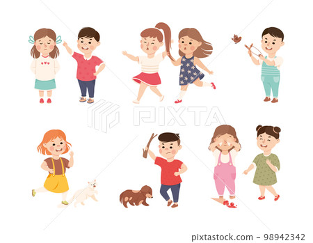 Offensive Kids Bullying and Abusing the Weak Agemate Teasing and Laughing at Them Vector Set 98942342