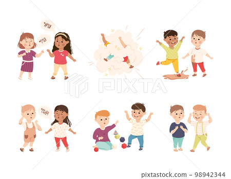 Offensive Kids Bullying and Abusing the Weak Agemate Teasing and Laughing at Them Vector Set 98942344