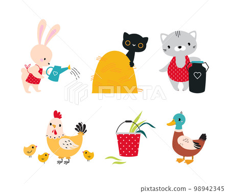Cute Farm Animal on Ranch Engaged in Horticulture and Agriculture Vector Set 98942345