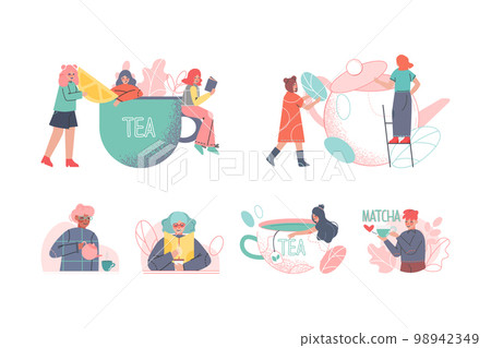 Tea Time Break with Tiny People Character Enjoying Hot Drink in Cup Vector Set 98942349
