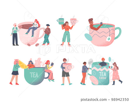 Coffee and Tea Time Break with Tiny People Character Enjoying Hot Drink in Cup Vector Set Coffee and Tea Time Break with Tiny People Character Enjoying Hot Drink in Cup Vector Set 98942350