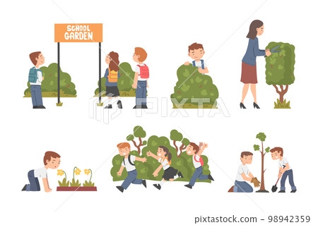 Little Children with Backpack Engaged in School Gardening with Teacher Vector Set Little Children with Backpack Engaged in School Gardening with Teacher Vector Set 98942359