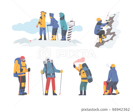 People Characters with Backpacks Engaged in Winter Mountaineering or Alpinism Climbing High Summit Vector Illustration Set People Characters with Backpacks Engaged in Winter Mountaineering or Alpinism Climbing High Summit Vector Illustration Set 98942362