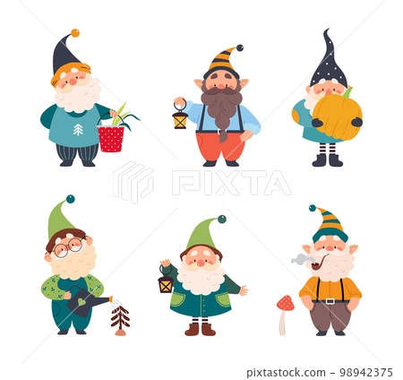 Cute Gnome Character with Beard in Pointy Hat Engaged in Different Activity Vector Set 98942375