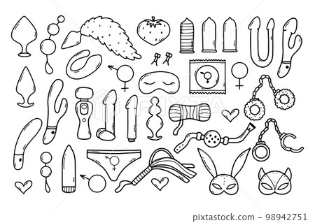 Set of sex toys. Collection of toys for adults. Vector illustration. Doodle style. Sex shop set. Set of erotic elements. BDSM toys. 98942751