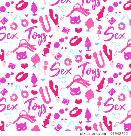 Seamless pattern with sex toys. Print for sex shop. Pattern with sex toys. Vector illustration. Flat style. 98942753