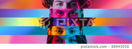 Cropped male and female different eyes placed on colored narrow stripes, lines. Concept of human emotions, facial expressions. Horizontal banner 98943058