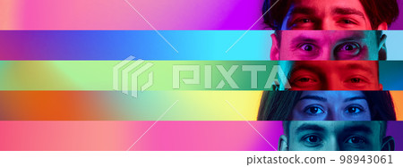 Cropped male and female different eyes placed on colored narrow stripes, lines. Concept of human emotions, facial expressions. Horizontal banner 98943061