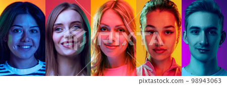 Composite image of diverse happy excited young people faces expressing joyful emotions over multicolored background. Concept of happiness, delight, facial expression 98943063