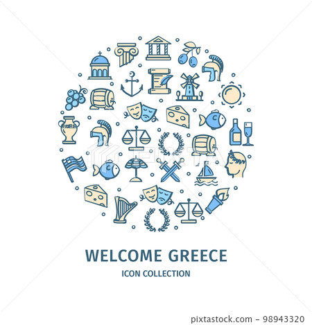 Greece Travel and Tourism Round Design Template Color Thin Line Icon Concept. Vector 98943320