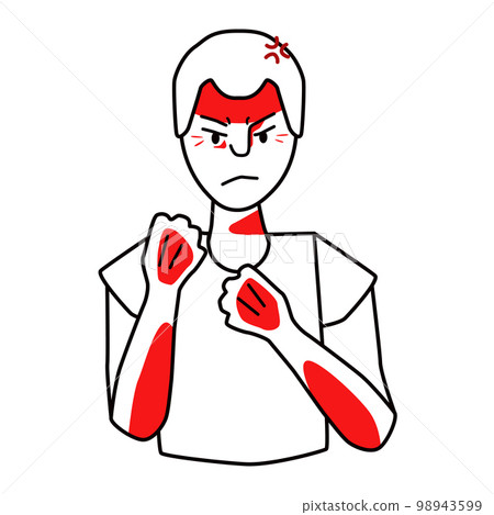 Angry young boy, furious emotion. Annoyed, fierce and savage teenager, negative evil mood male kid, threatened with fists. Line with red spots, half body drawing. 98943599