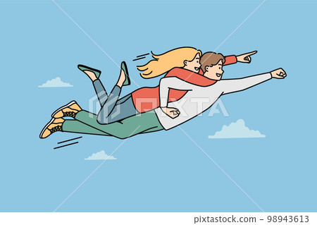 Smiling man as superhero with woman on back Smiling man as superhero with woman on back 98943613