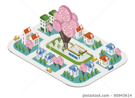 A beautiful spring cityscape and scenery of life with cherry blossoms. Urban development that blends nature and houses where people can live brightly. A beautiful spring cityscape and scenery of life with cherry blossoms. Urban development that blends nature and houses where people can live brightly. 98943614