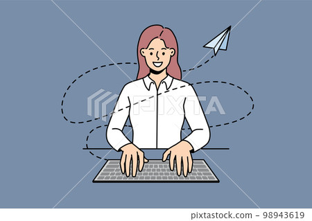 Smiling businesswoman typing on keyboard sending message Smiling businesswoman typing on keyboard sending message 98943619