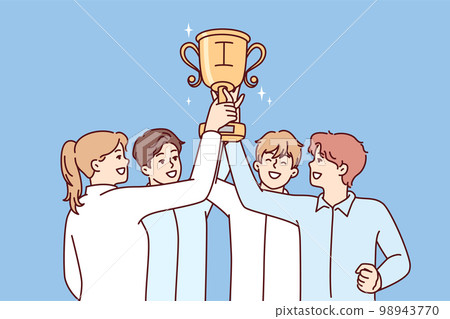 Tight-knit team of startup raises cup over heads after winning in business competition Tight-knit team of startup raises cup over heads after winning in business competition 98943770