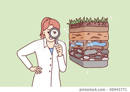 Girl ecologist with magnifying glass conducts examination of soil pollution Girl ecologist with magnifying glass conducts examination of soil pollution 98943771