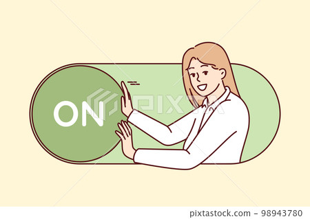 Smiling woman inside giant switch from web applications or internet site Smiling woman inside giant switch from web applications or internet site 98943780
