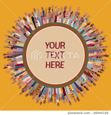 Many black skin African American men women children seniors  group raised hands arms in circle around round copy space. Black history month concept banner poster. Racial equality.Inclusion 98944189