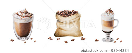 Watercolor set with coffee. Hand painting on isolated background. Mocha coffee, jute coffee bag, latte, americano, cappuchino, raff. For designers, menu, shop, bar, bistro, restaurant, for postcards Watercolor set with coffee. Hand painting on isolated background. Mocha coffee, jute coffee bag, latte, americano, cappuchino, raff. For designers, menu, shop, bar, bistro, restaurant, for postcards 98944284