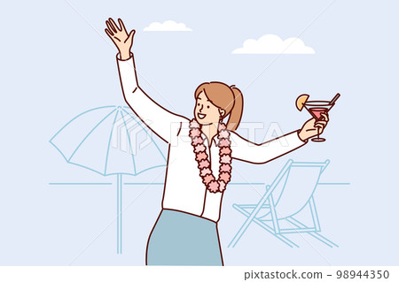 Happy woman in business clothes stands on beach with cocktail in hands dances at beach party Happy woman in business clothes stands on beach with cocktail in hands dances at beach party 98944350