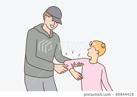 Smiling man trying to kidnap resisting teenage girl or commit kidnapping and child abuse 98944428