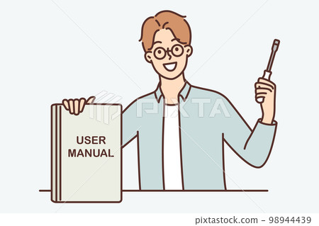 Guy with screwdriver shows book with inscription user manual recommending use educational literature Guy with screwdriver shows book with inscription user manual recommending use educational literature 98944439