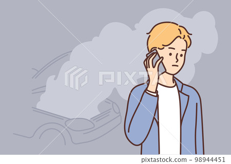 Man makes call to car repair shop after auto breaks down or coolant boils under hood  98944451