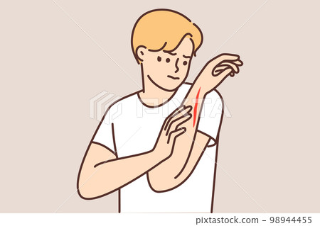 Man examines hand with deep cut or wound received after accident at work Man examines hand with deep cut or wound received after accident at work 98944455