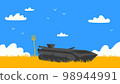 A destroyed tank in front of a yellow field and blue sky 98944991